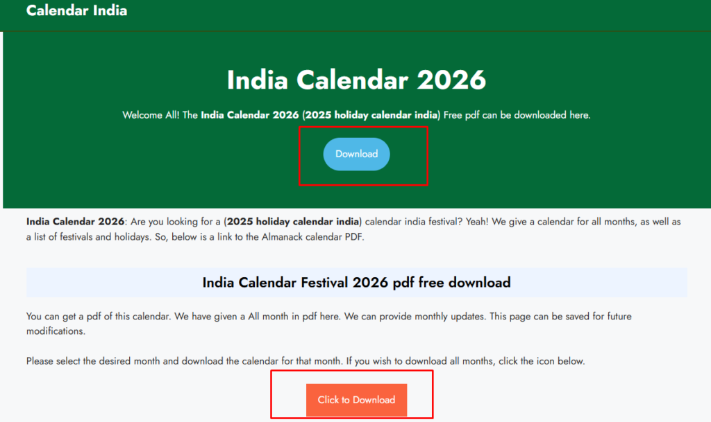 India Calendar 2026 pdf free download