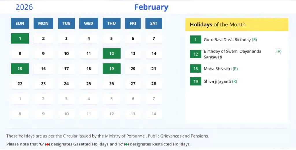 India Calendar 2026 February