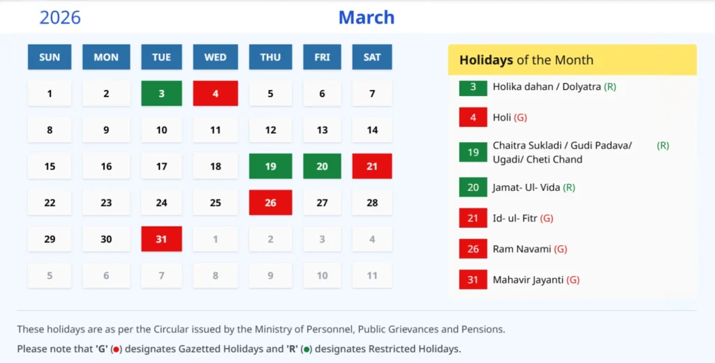 India Calendar 2026 March