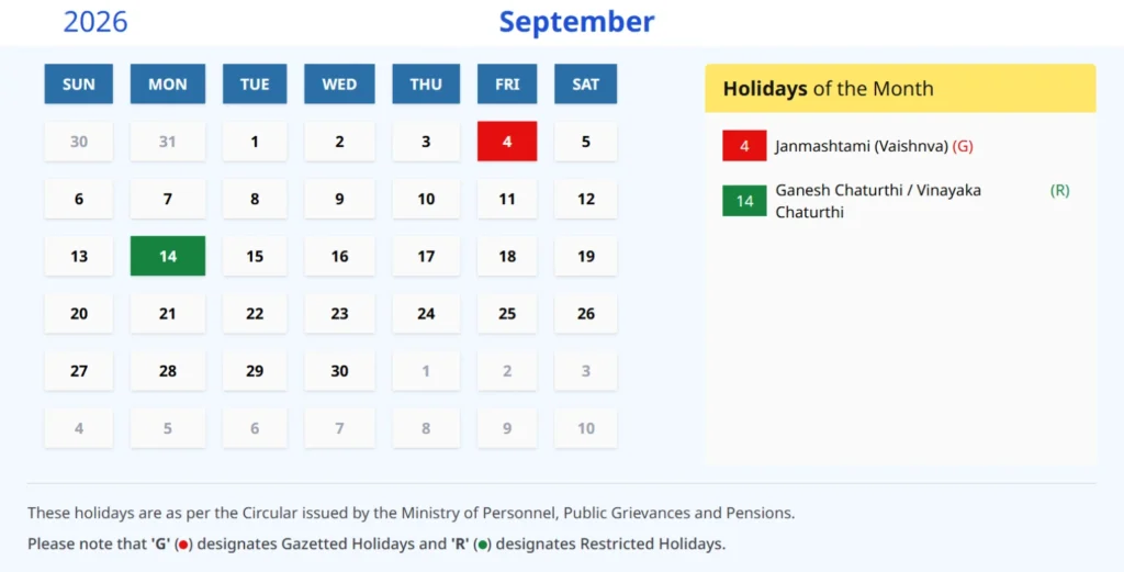 India Calendar 2026 September