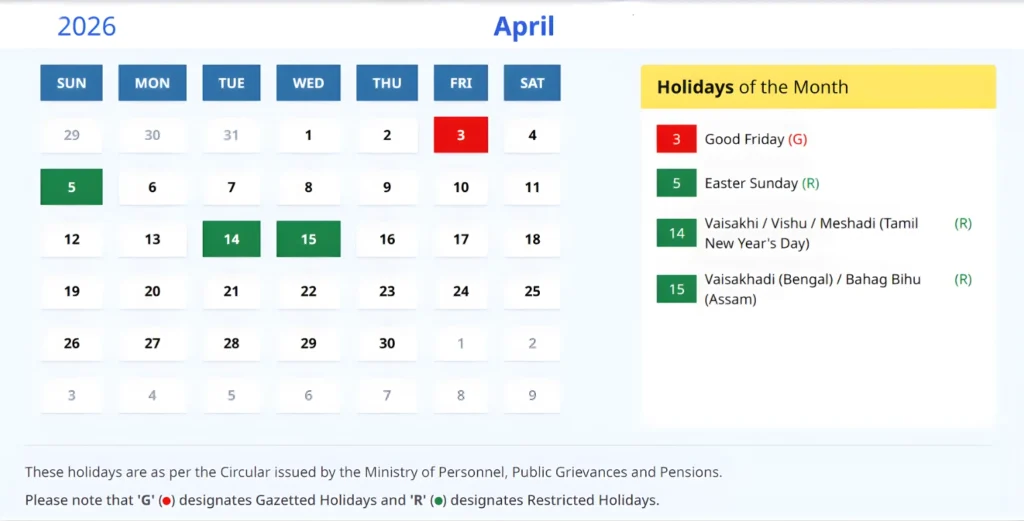 India Calendar 2026 April