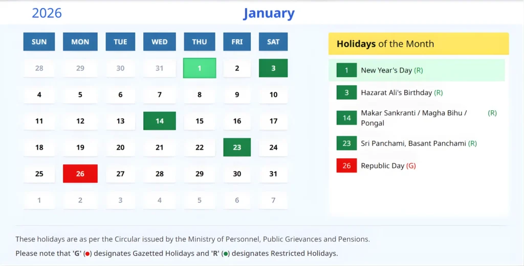 India Calendar 2026 January