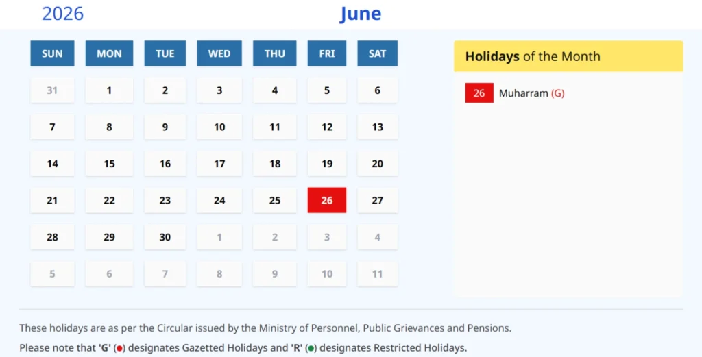 India Calendar 2026 June