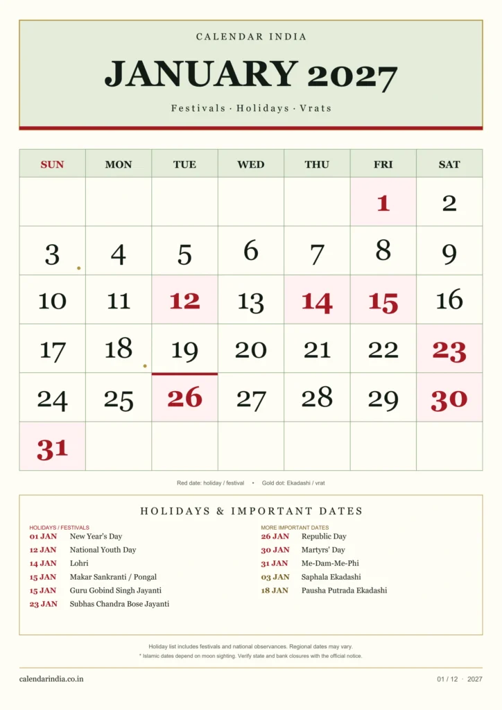 India Calendar 2027 pdf free download