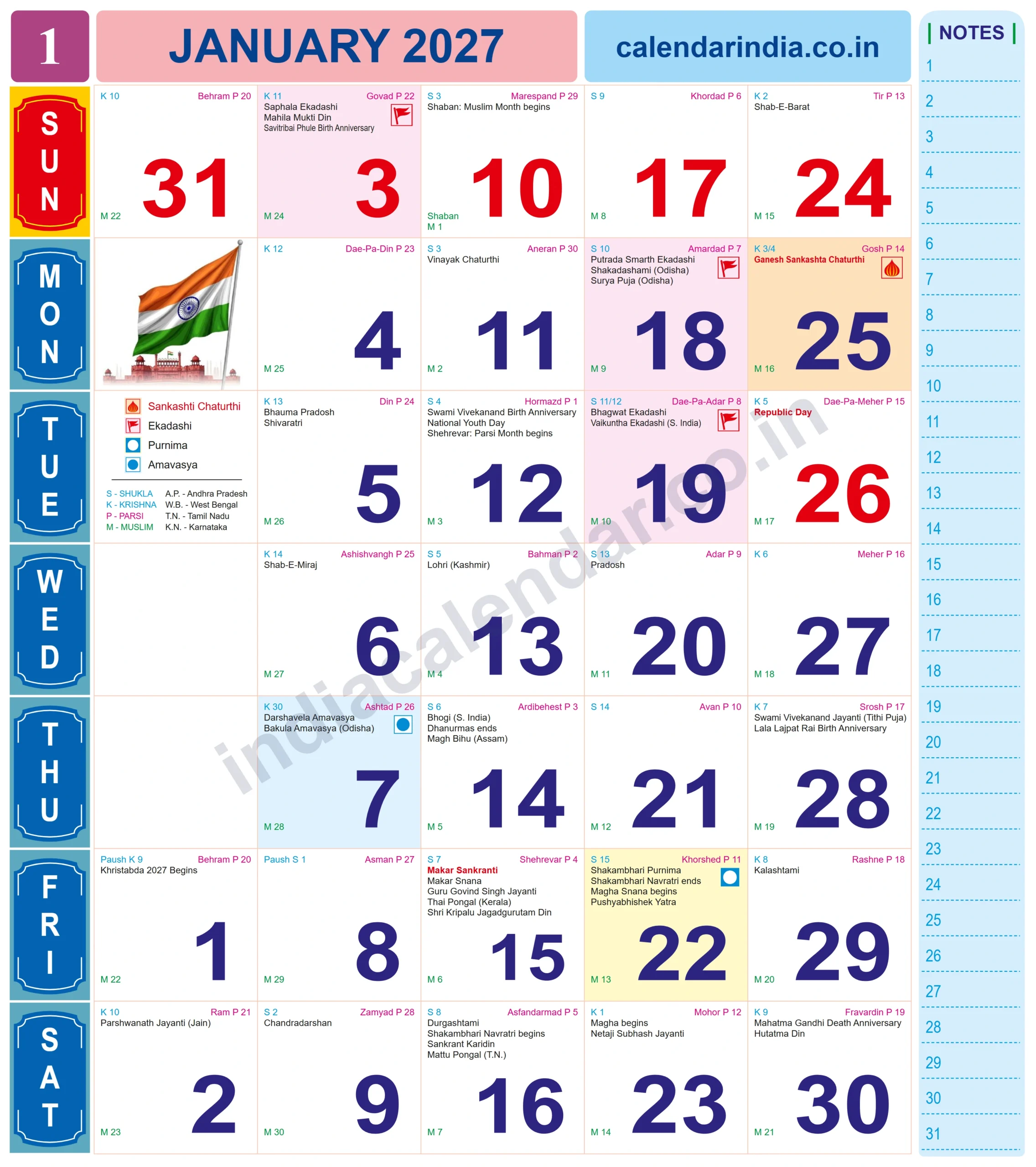 January 2027 India calendar with holidays, festivals and vrats